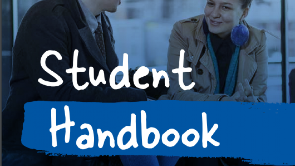 Cover page of the UWL Student Handbook, featuring an image of two students