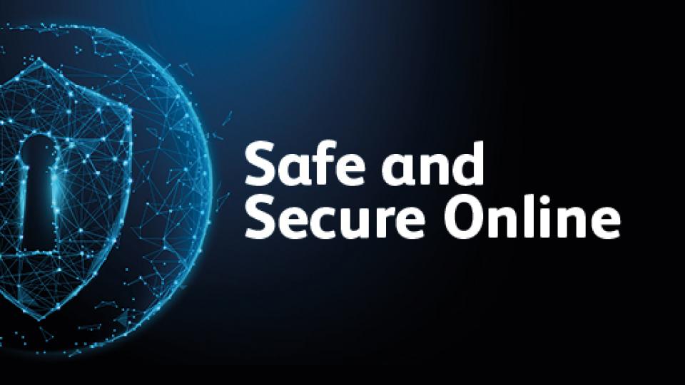 Abstract graphic of a keyhole with words 'Safe and secure online'