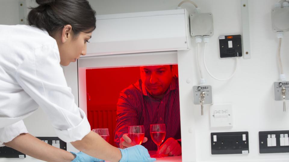 A lab assistant passes a sample of three wines to a test subject inside a sensory booth