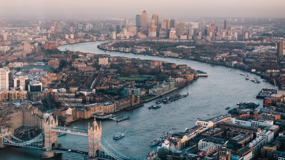 An aerial view of the River Thames through central London 