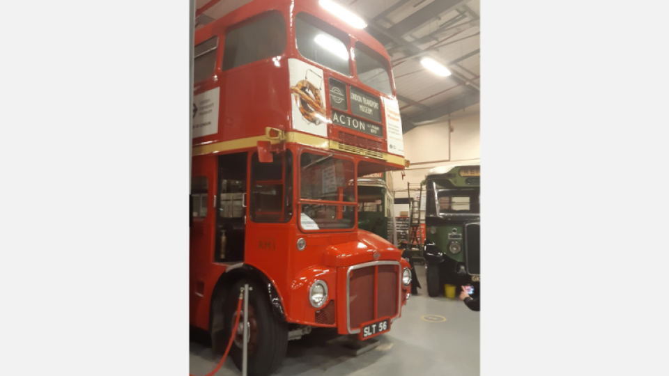 A red Acton bus at the London Transport Museum
