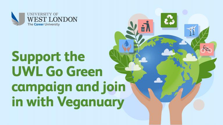 illustration of hands holding up the earth with smaller 'green initiative' illustrations around. Text on the image reads; 'Support the UWL Go Green campaign and join in with Veganuary'.