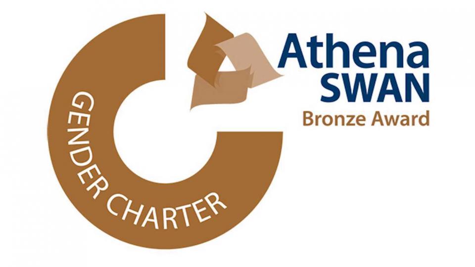 Athena Swan Bronze award logo. Includes brown C shape with the words Gender Charter within it. 