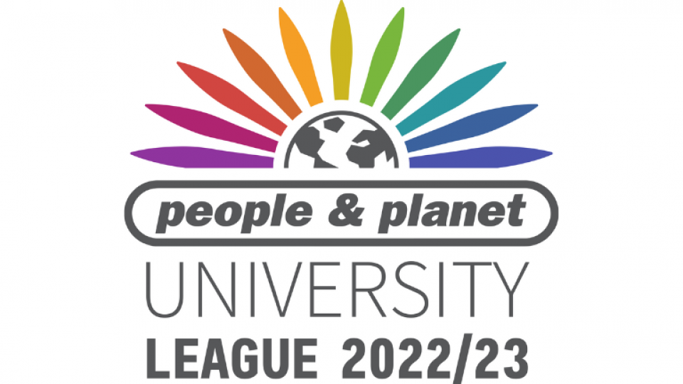 Image of a logo with text 'People and Planet University League 2022/23' in grey and differing fonts. Above the text is a grey globe with rainbow coloured petals around it.