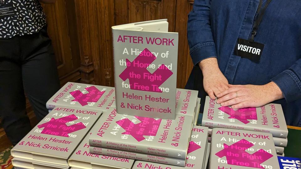 Helen Hester's new book, A History of the Home and the Fight for Free Time, on display at the parliament event
