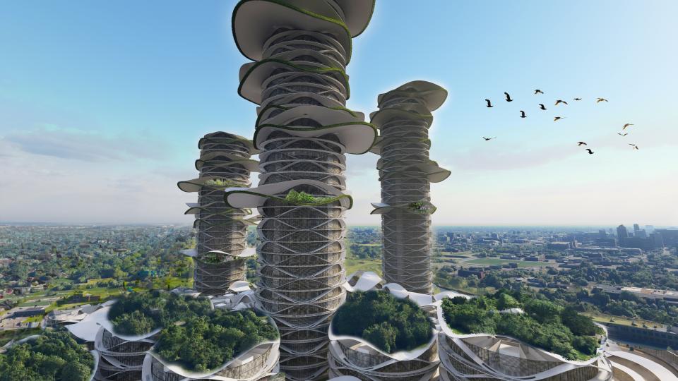 Layton Reid's designs for Diatom City, with three skyscrapers constructed from natural and humanmade materials