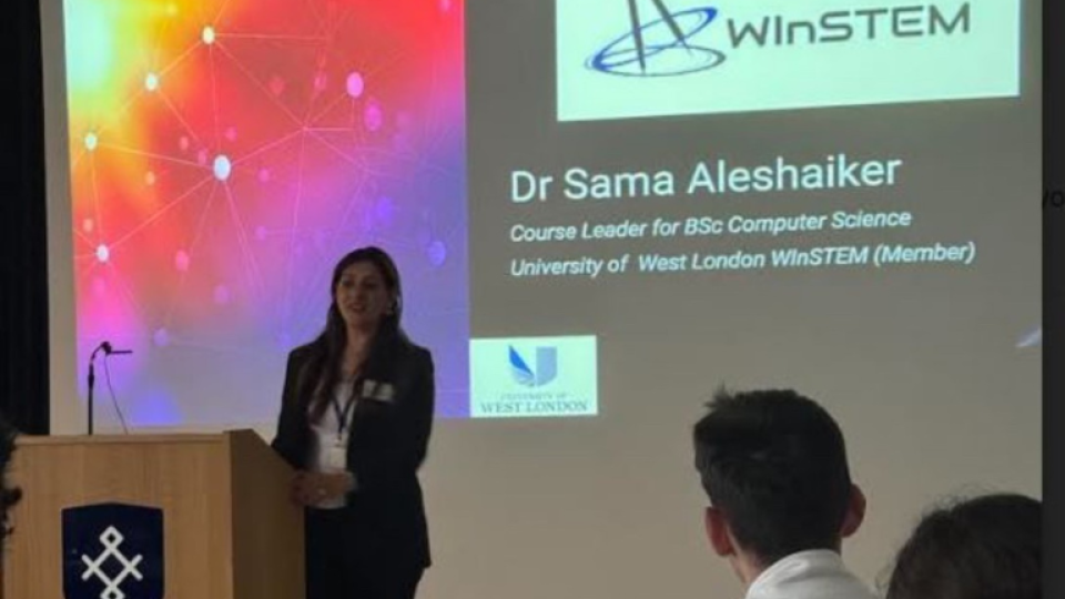 Dr Sama Aleshaiker speaking at the Astrophysics and Computer Science Conference taking place at Notting Hill and Ealing High School.