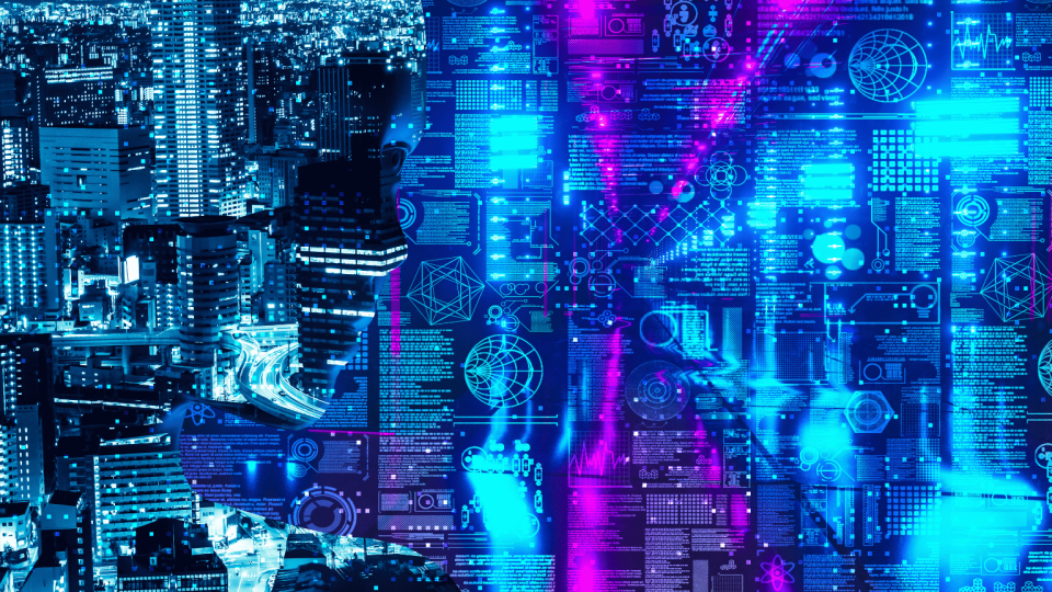 A blue and purple graphic of a cityscape at night with digital computer screen graphics overlaid