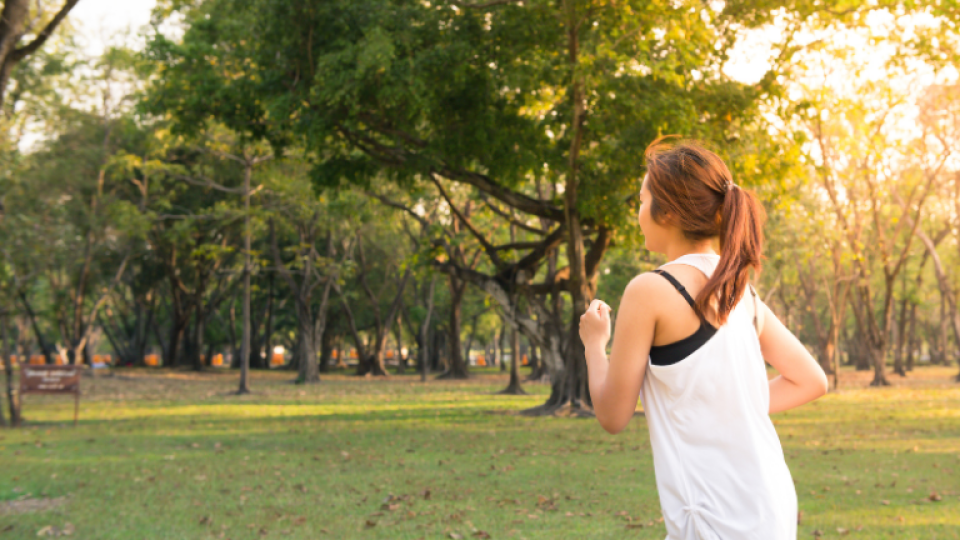 A young woman jogging in a wooded park on a sunny day