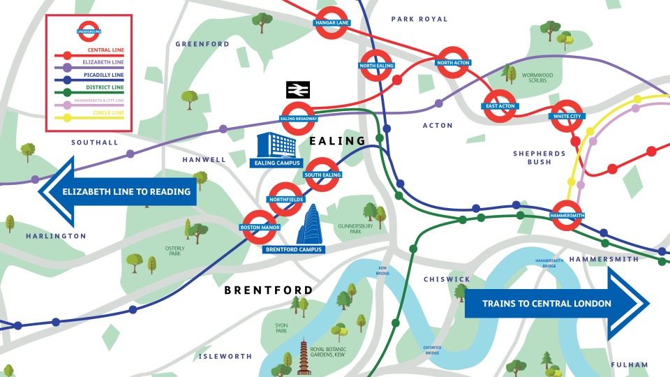 A map of Ealing and the surrounding areas including Brentford, Greenford, Hammersmith, Park Royal and Acton. Arrows highlighting the Elizabeth Line train to Reading and trains to central London. List of tube lines available.