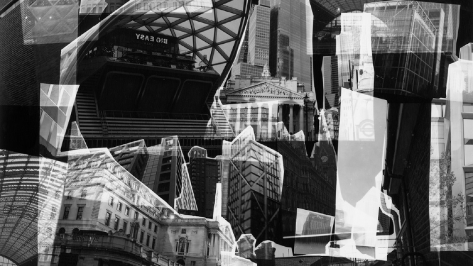 ARTSFEST Photography work created by Carroll Konopacki - a black and white collage of London with its continual changes and mutations.