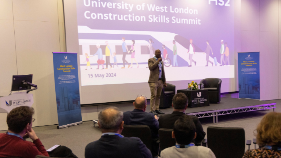 Ambrose Quashie, from HS2, speaking at the University of West London Construction Skills Summit
