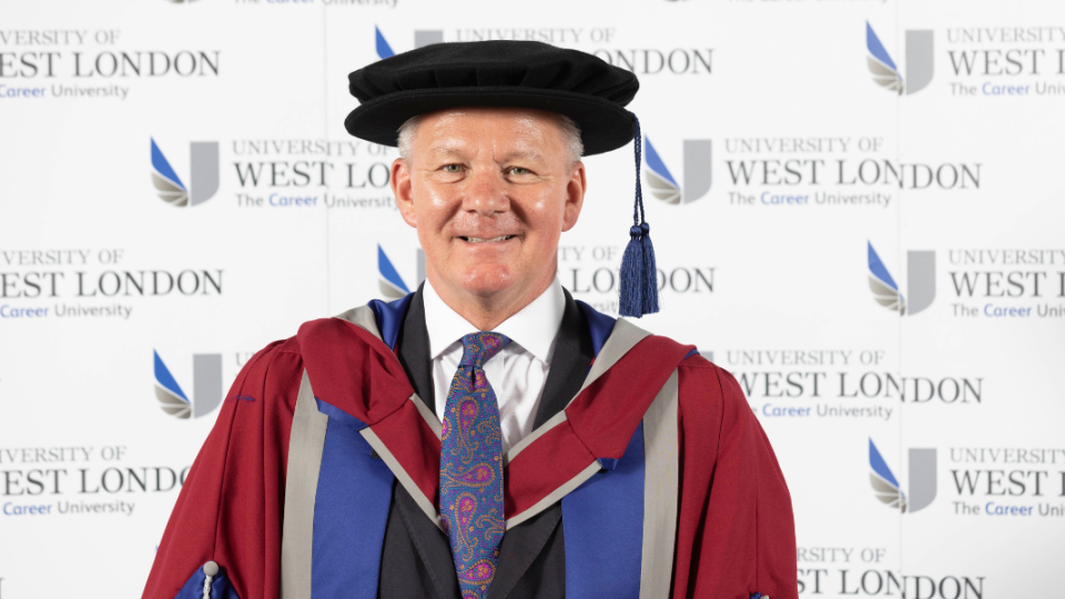 Simon Haw receiving an honourary degree at the University of West London's 2024 Graduation ceremony