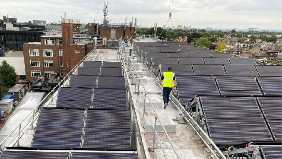 Solar panels on top of the University of West London's Ealing site