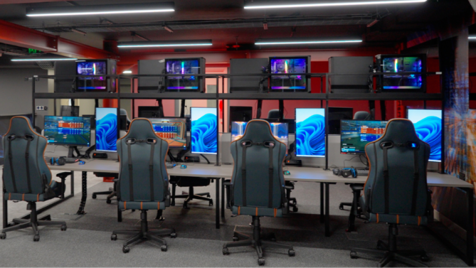 A row of computers in the UWL's digital future labs