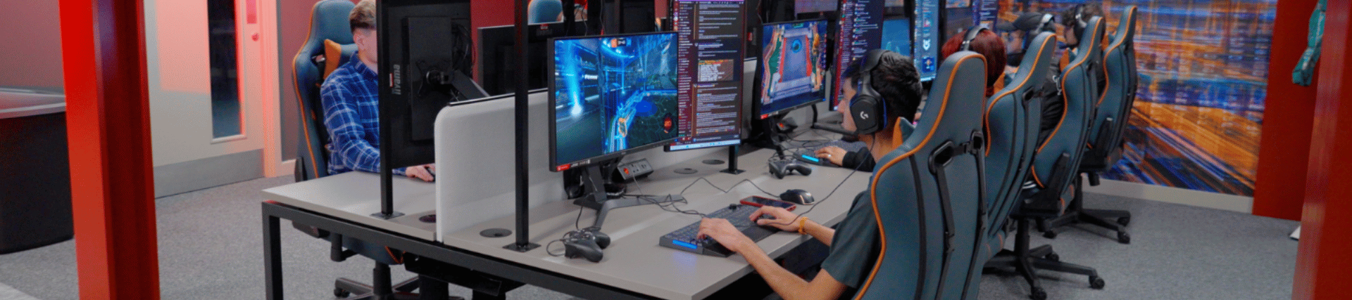 Group of students on gaming computers in the Digital Futures Lab