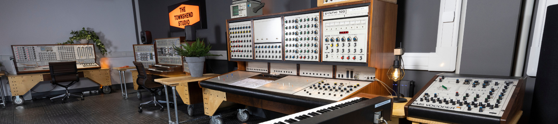 An array of synthesisers on display in the Townshend Studio at the University of West London