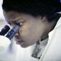 Female science student in a lab.